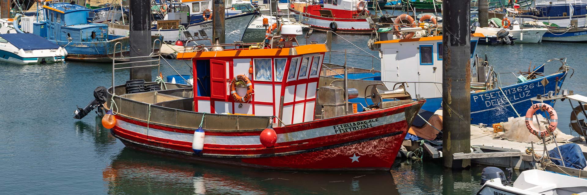 Imagem a cores de embarcações de pesca no Porto de Setúbal.