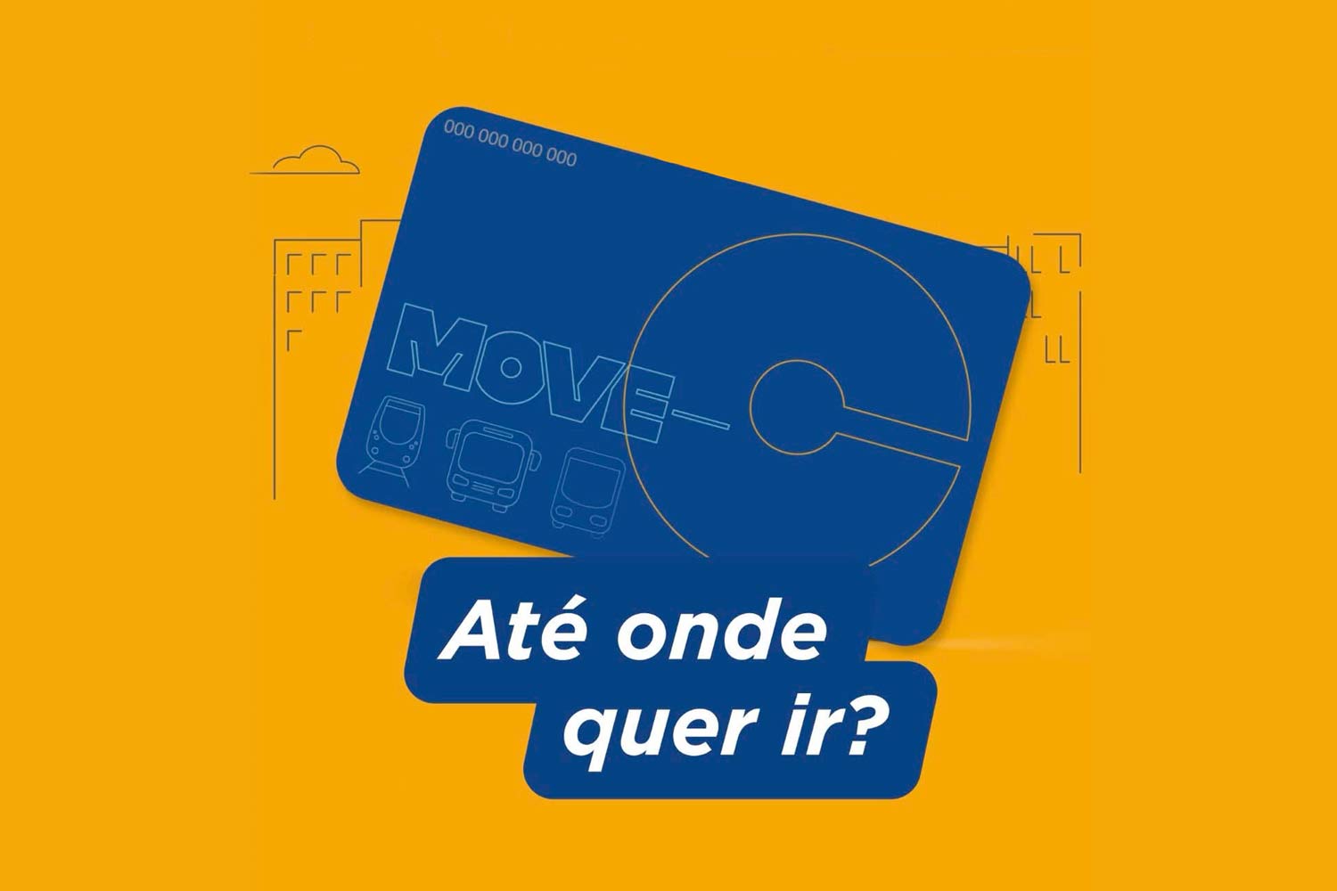 Imagem em duas cores, amarelo e azul: fundo amarelo com prédios em rescos azuis e o cartão em azul com 3 meios de transportes e o texto Move-C, em riscos azul e amarelo e ainda texto a branco "Até onde quer ir?"