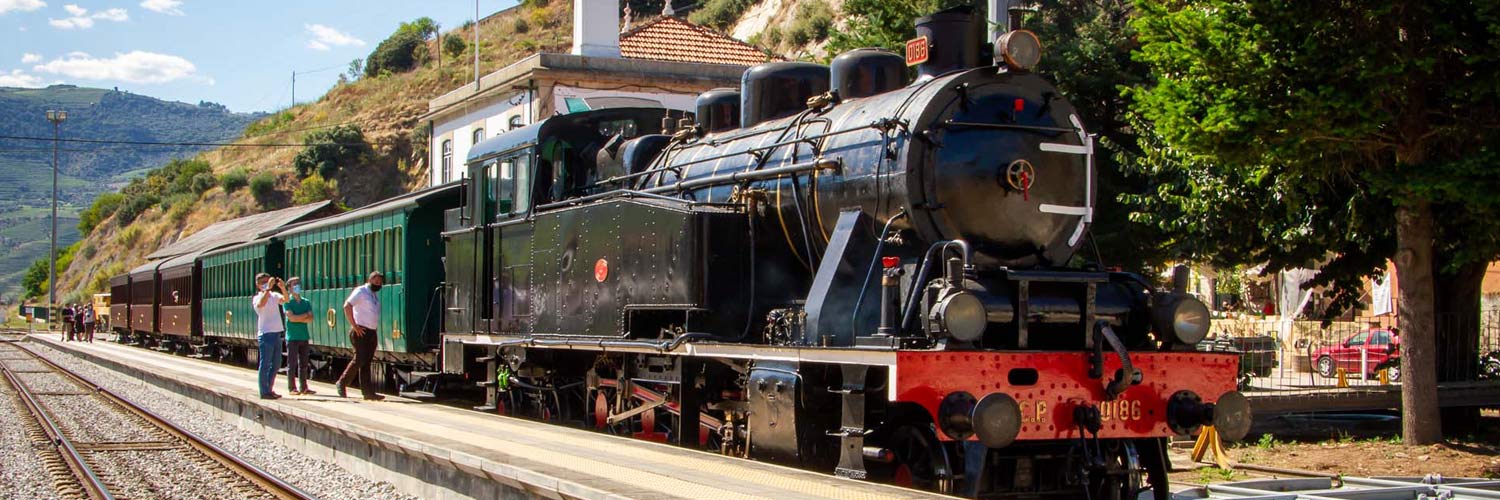 Douro Historical Train, formed by CP 0186 steam locomotive with black and red livery, and five wooden carriages with green and brown livery, stopped at the station.