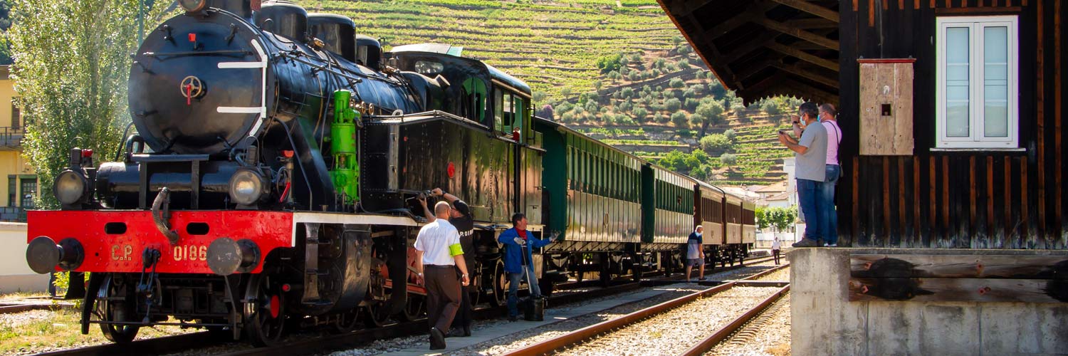 Douro Historical Train, formed by CP 0186 steam locomotive with black and red livery, and five wooden carriages with green and brown, stopped at the station.