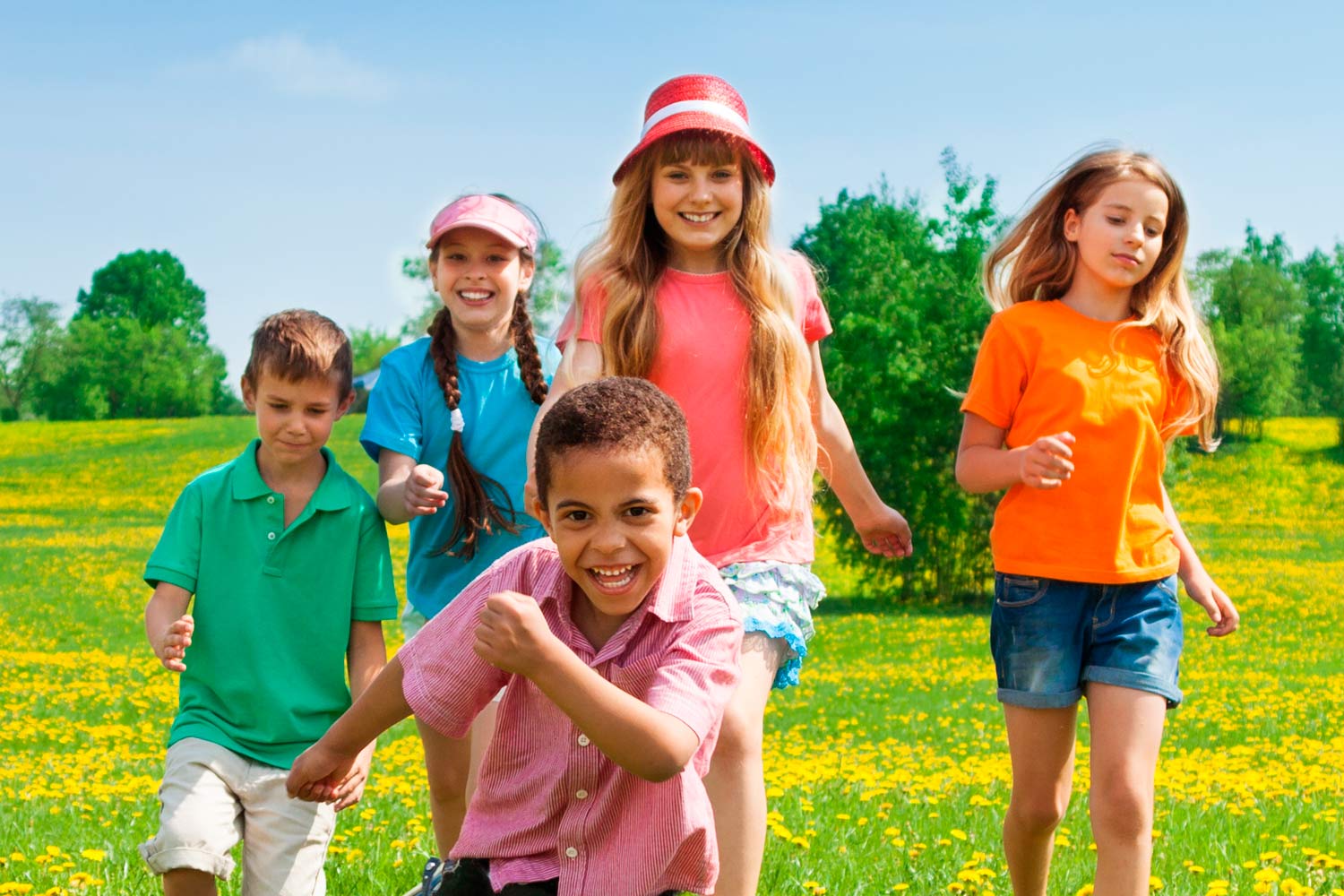 Cinco crianças a brincar em relvado florido e com arbustos.