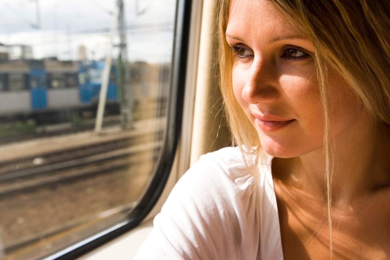  Woman looking at the view, sitting by the train window.
      
