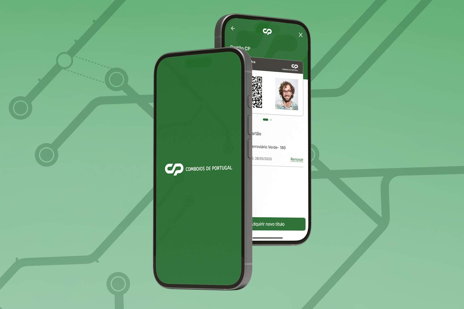 Imagem verde, com ilustração de de comboio e 2 telemóveis à direita com a App CP.