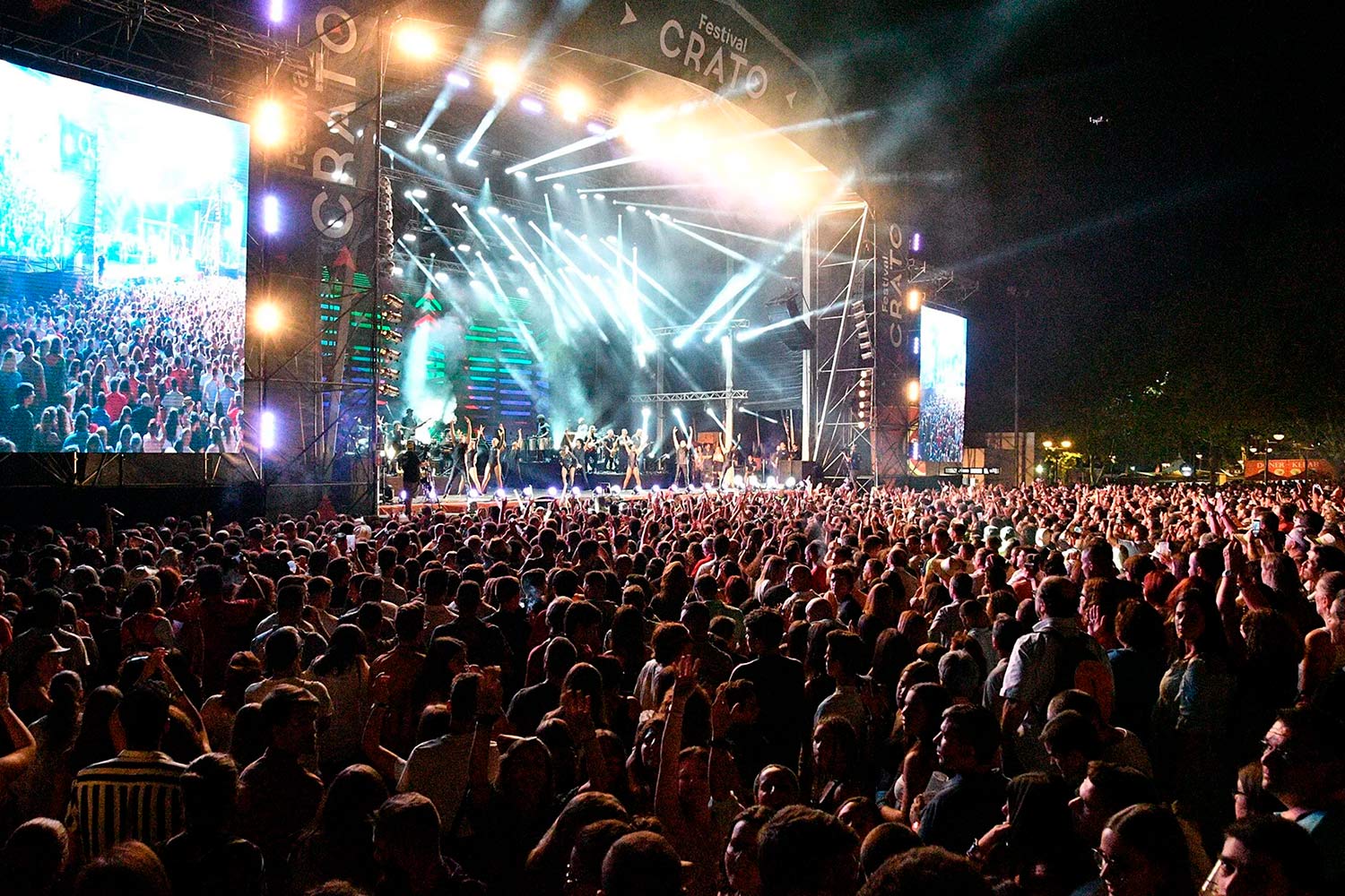A colour night-time photograph of people watching a music concert.