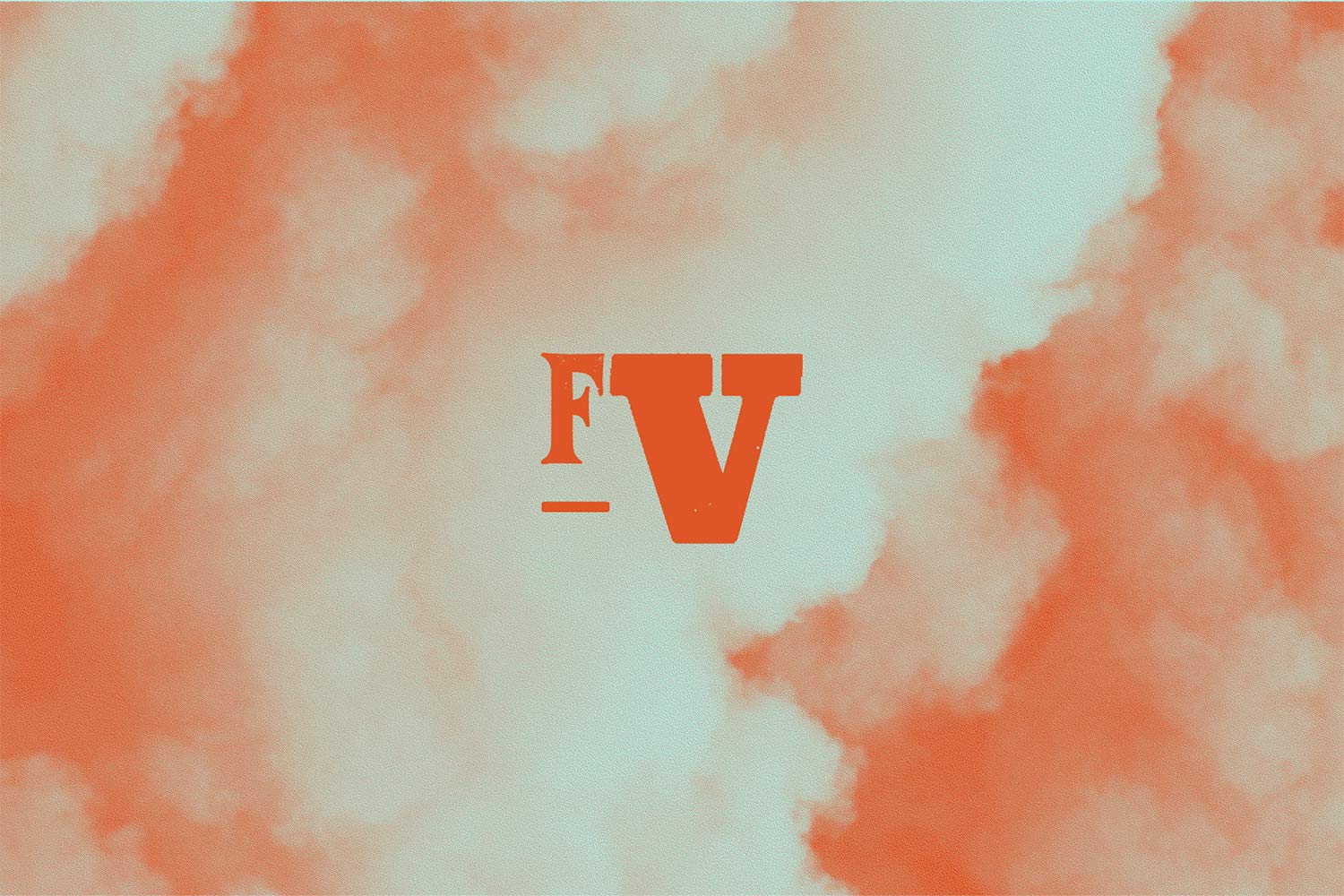 Imagem com grafismo em tons de laranja, com nuvens e as letras F e V ao centro.