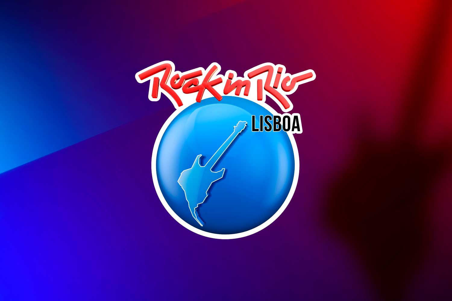 Imagem a cores em tons de azul e vermelho escuro com elemento gráfico alusivo ao Rock in Rio.