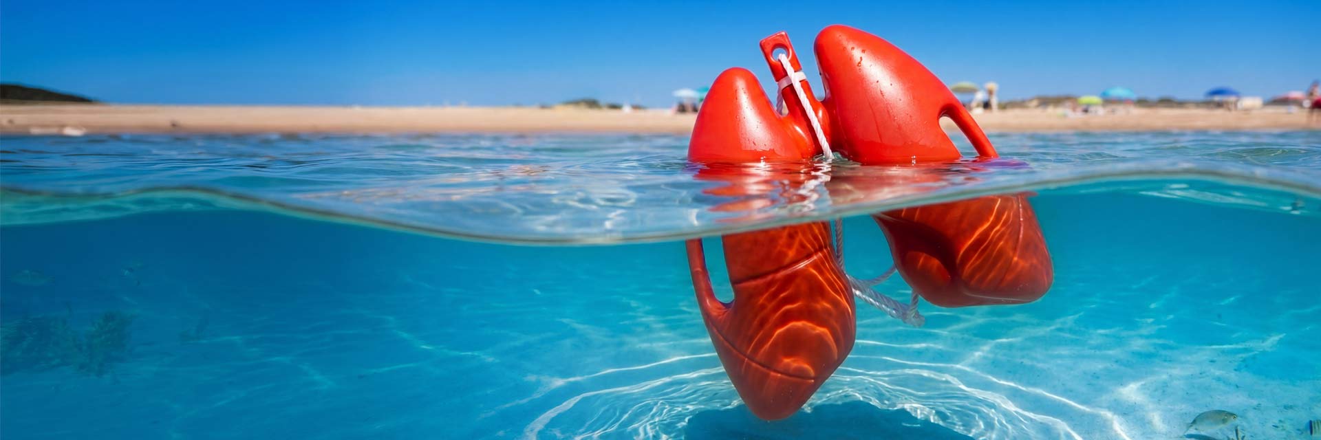 Imagem de uma bóia em forma de pulmão flutuando numa praia.